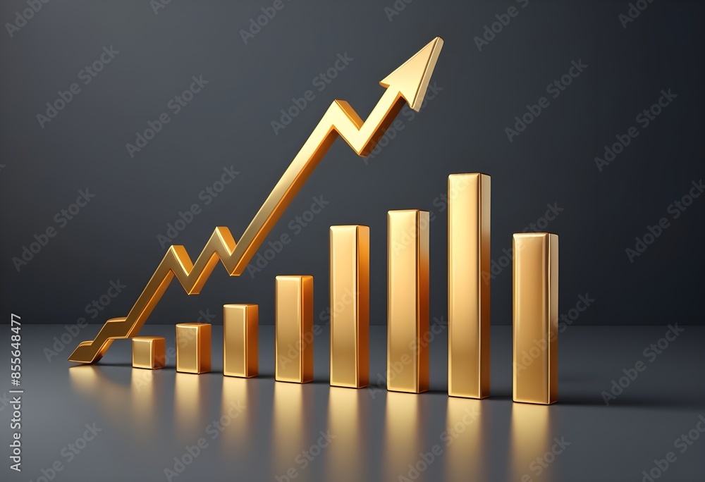 Aufkleber 3d render of golden bar graph growth and up arrow. 3d illustration