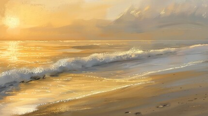 Fototapeta premium Golden sunset over serene beach waves. This is a realistic and highly detailed digital illustration. Ideal for wall art, backgrounds, and nature-themed projects. AI