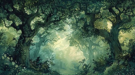 Obraz premium Illustrate a scene from a mystical woodland with ancient trees and hidden clearings against a backdrop of green wallpaper, evoking a sense of mystery and enchantment.