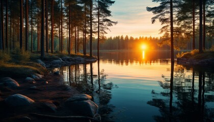 Midnight sun in Swedish forest with lake, blue light. Forest and river on my journey