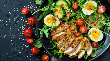 Healthy grilled chicken salad with mixed greens, sliced cucumber, cherry tomatoes, boiled eggs, and sesame seeds on a dark background.
