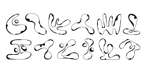 Collection of hand drawn black abstract round liquid shapes. Modern line Memphis graphic elements. Vector stock illustration.