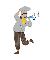 Happy funny chef mascot design. Cute chef cooks in uniform preparing food.