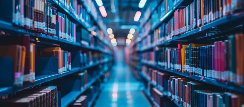 Vibrant Modern Library Interior with Colorful Bookshelves and Neon Lighting in a Contemporary Setting