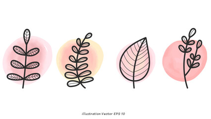 Hand Drawn Botanical Elements Vector Set, minimal drawn floral leaves botanical line art on colorful circle background, Hand drawn leaves line Floral branch, Vector illustration EPS 10