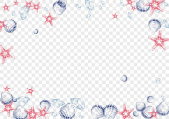 Red Scallop Background Transparent Vector. Shellfish Doodle Textile Card. Drawing Illustration. Blue Seashell Cute Pattern. Orange Oyster.
