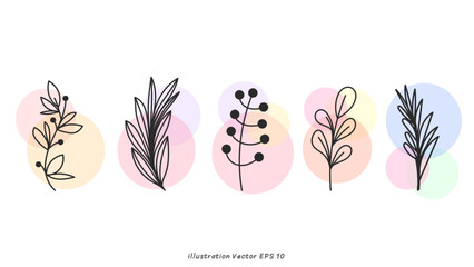 Obraz premium Hand Drawn Botanical Elements Vector Set, minimal drawn floral leaves botanical line art on colorful circle background, Hand drawn leaves line Floral branch, Vector illustration EPS 10