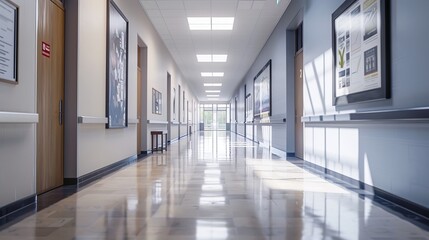 Empty school hallway with simulated ad, 3d rendered educational building scene