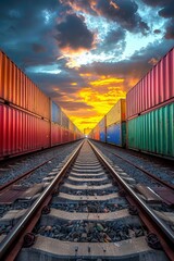 Fototapeta premium Vibrant Shipping Containers Lining Railroad Tracks at Sunset with Dramatic Sky