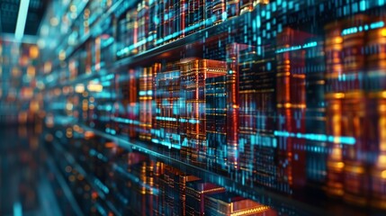 Futuristic Digital Data Storage Concept with Glowing Circuit Boards and High-Tech Server Racks in a Modern Data Center