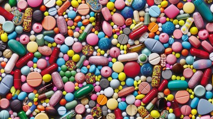 Fototapeta premium Multi-colored medical tablets and capsules for maintaining and improving health. Healthcare and medicine concept