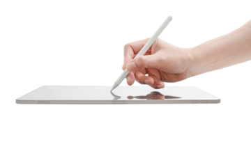 A person is writing on a tablet with a white background