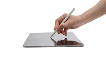 A person is writing on a tablet with a white pen