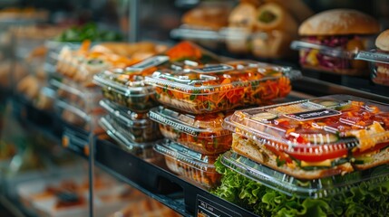 Plastic containers with fresh salads and sandwiches on a display shelf in a fast-food restaurant, ready for takeout or delivery.