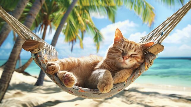 Relaxed orange cat lounging in a hammock on a tropical beach with palm trees and blue ocean in the background on a sunny day. - Powered by Adobe