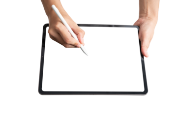 A person is writing on a tablet with a white background