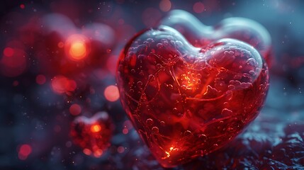 Animated hearts beating in rhythm on a health-themed background. The scene features vibrant red hearts pulsing against a backdrop of medical icons and soft, cool tones. 