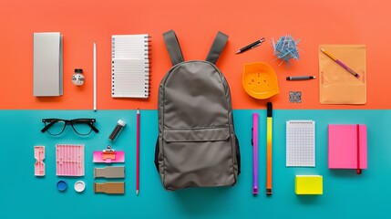 Back to school: flat lay with backpack and stationery on colorful background