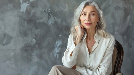 Fototapeta premium Portrait of a mature woman sitting on the chair posing thoughtful