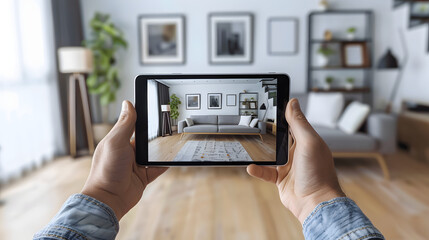 living room displayed on a tablet screen held by a person's hands,.