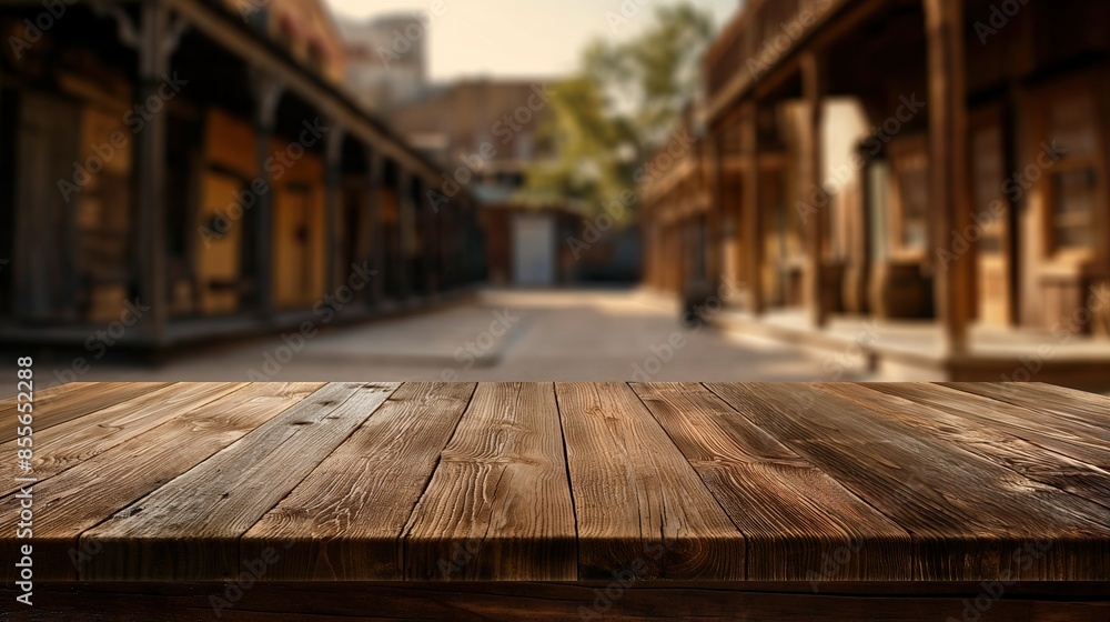 Wall mural a close up of a rustic empty wooden table with blurred wild west background