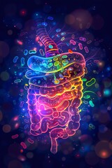 Colorful illustration of the human digestive system highlighting gut flora and microbiome on a vibrant abstract background.