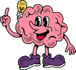 Retro Brain Idea Character WIth Lightbulb