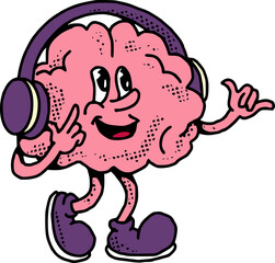 Retro Brain Character Listening to Music