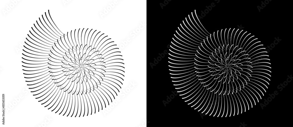 Poster halftone dots in spiral. modern abstract background. design element or icon, logo. black shape on a 