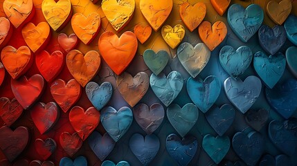 Hearts arranged in a geometric tessellation, modern and artistic. The hearts form a seamless pattern with clean lines and vibrant colors, set against a minimalist background.