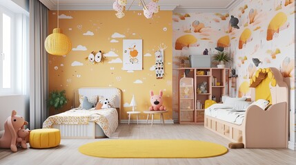A fun kids bedroom with yellow walls, a yellow rug, two beds, stuffed animals, and a bee-shaped lamp for a playful atmosphere. Generative AI