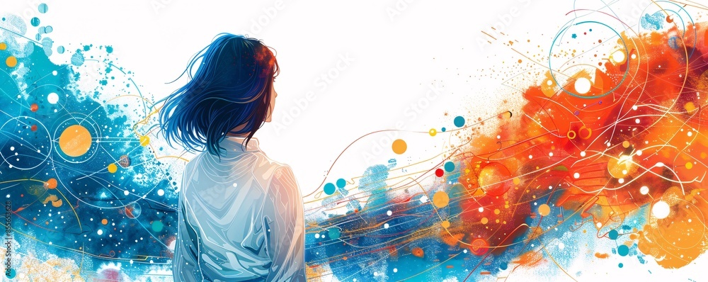 Poster an illustration features a girl from the back, standing before a swirling array of abstract shapes a