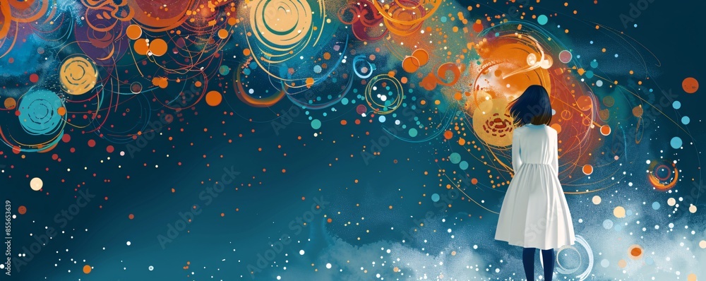 Poster an illustration features a girl from the back, standing before a swirling array of abstract shapes a