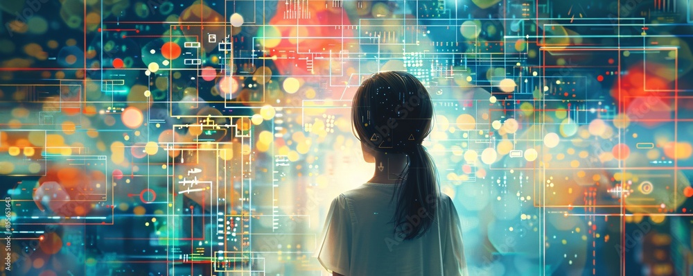 Poster an illustration features a girl from the back, standing before a swirling array of abstract shapes a