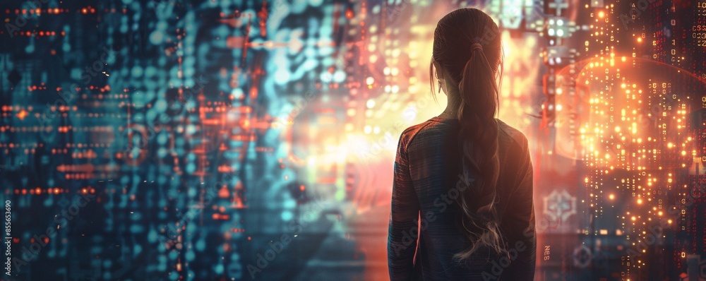 Poster the back view of a girl is illustrated as she stands at the beginning of a path filled with abstract
