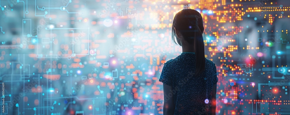 Poster the back view of a girl is illustrated as she stands at the beginning of a path filled with abstract