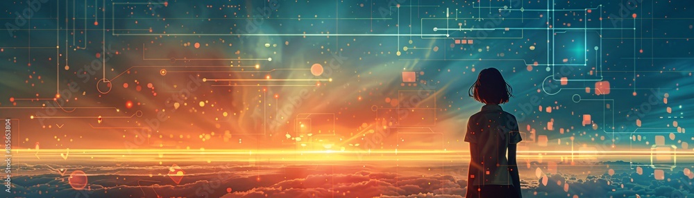 Poster an illustration shows a girl from the back, observing a horizon filled with abstract shapes and data