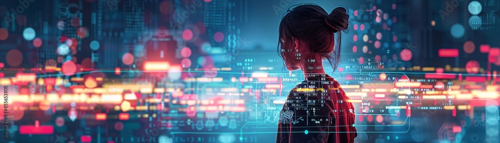 Poster the back view of a girl is illustrated as she looks out over an array of abstract shapes and data st