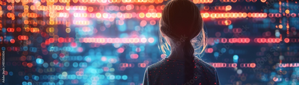 Poster the back view of a girl is illustrated as she looks out over an array of abstract shapes and data st