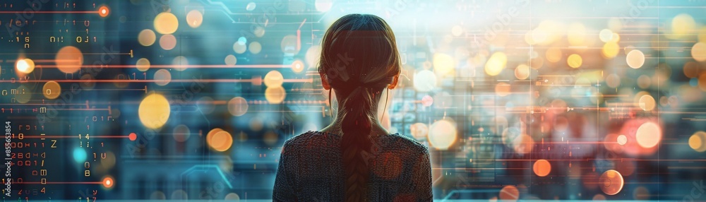 Poster the back view of a girl is illustrated as she looks out over an array of abstract shapes and data st