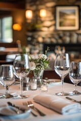 Elegant dining table set up for guests to enjoy the main course, beautifully arranged with fine china and sparkling glassware
