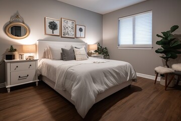 A beautifully renovated bedroom featuring a white bed with crisp white linens and grey walls. The room is decorated with stylish accents and natural light. Generative AI