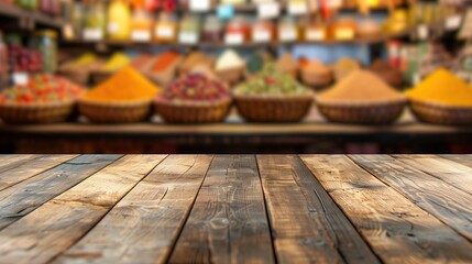 Fototapeta premium a close up of a rustic empty wooden table with blurred indian spice market background