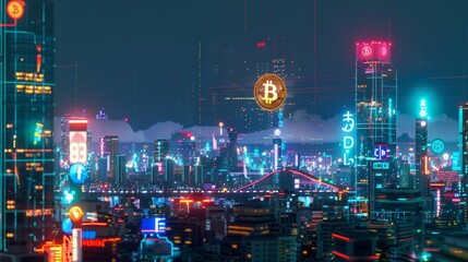 Futuristic city skyline with digital currency symbols and golden bitcoin at night