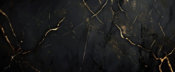Panoramic abstract dark black marble texture with golden veins background for work or design with copyspace. Stylish minimalism.