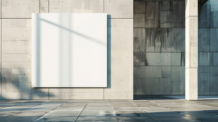 Brutalist architecture with white poster mockup on a grey building wall.