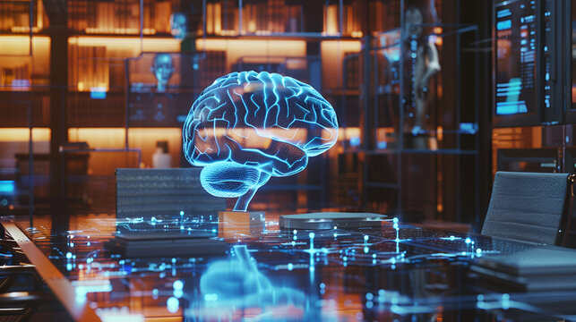 Multi exposure of woman hands working on computer and human brain hologram drawing, Digital artificial intelligence icon hologram on blue server background 3D rendering, doctor analyzing human brain