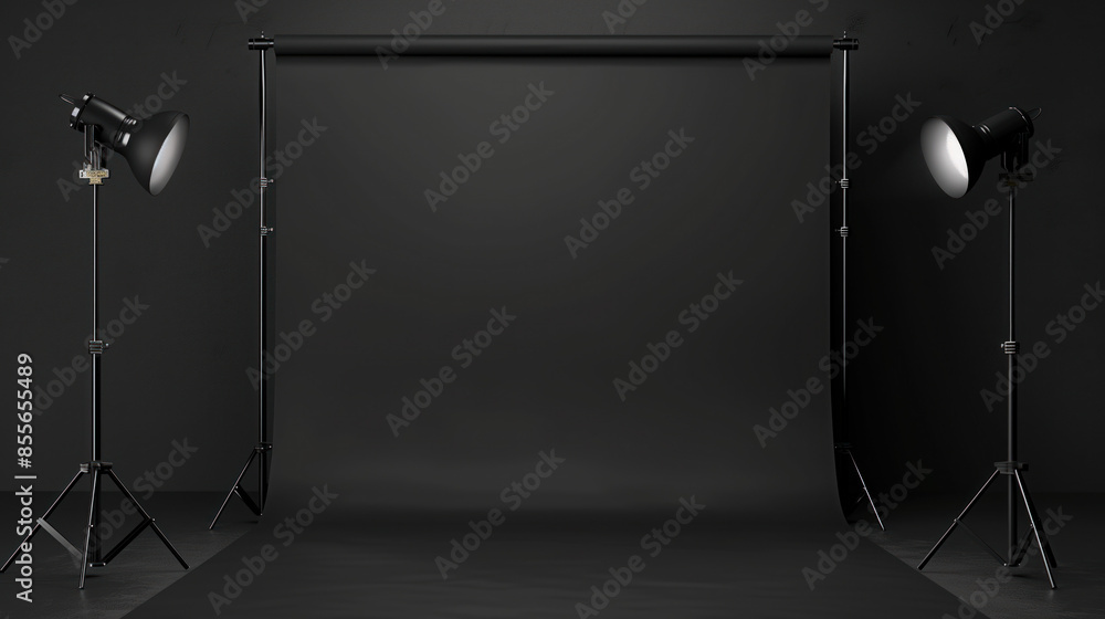 Poster empty modern minimalist photo production studio with black background. background image. created wit