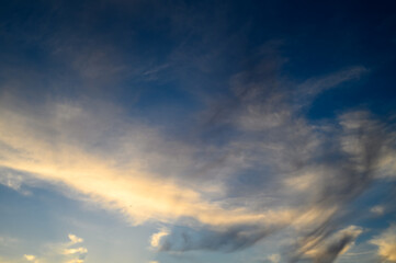 Obraz premium Blue sky clouds background, Beautiful landscape with clouds and orange sun on sky 1