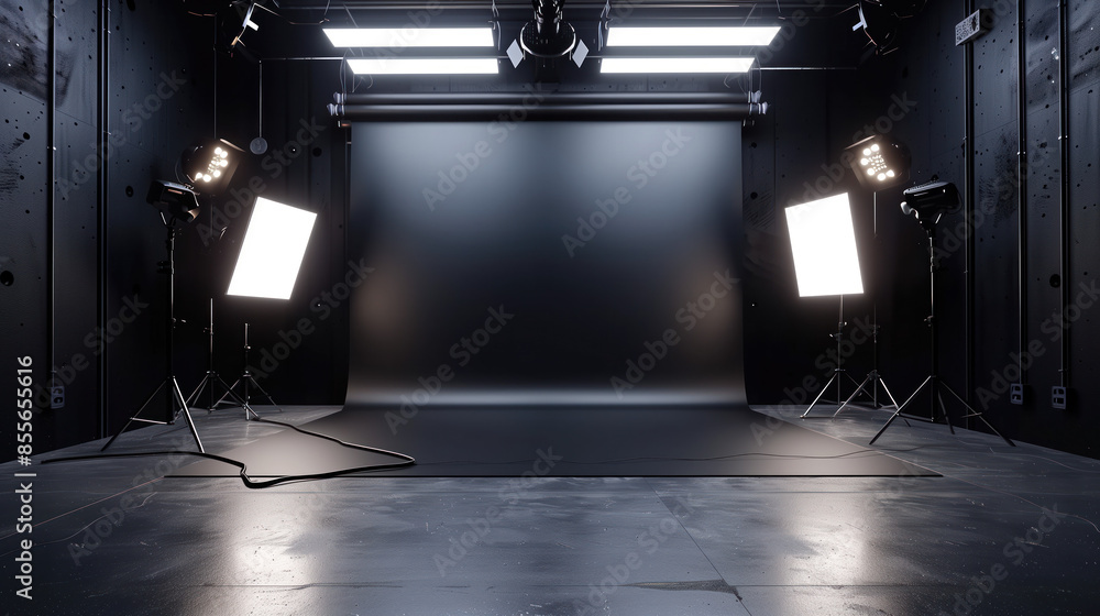 Poster empty modern minimalist photo production studio with black background. background image. created wit